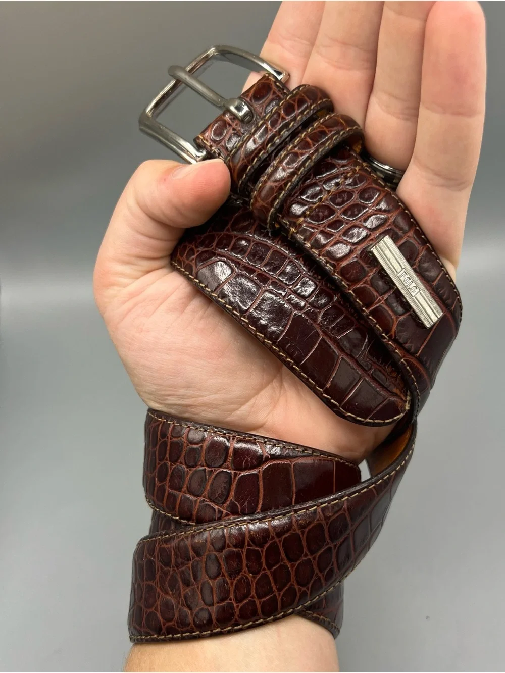 Polo Ralph Lauren Belt Mens 36 Italian Leather Croc Embossed Brown Silver Buckle
